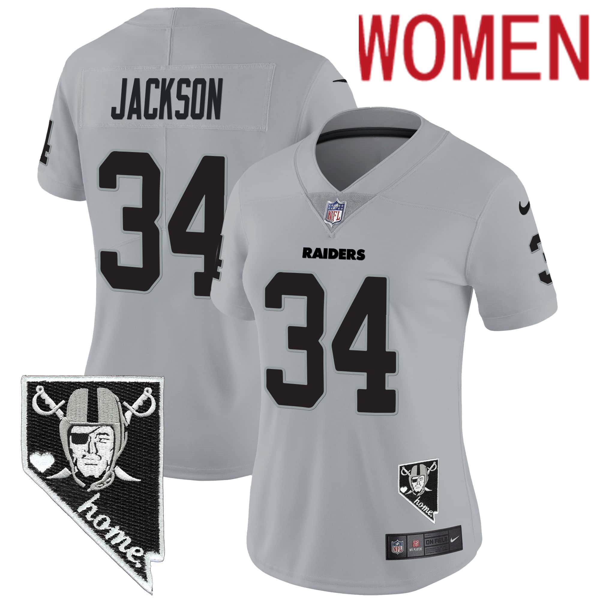 Women Oakland Raiders 34 Jackson Grey 2024 Nike Nevada Home Patch Vapor NFL Jersey